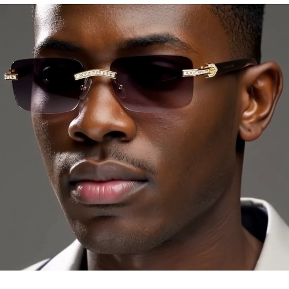 Rimless‎ Sunglasses Rectangle Black Lens Frame Rhinestone Accents Men Lentes New